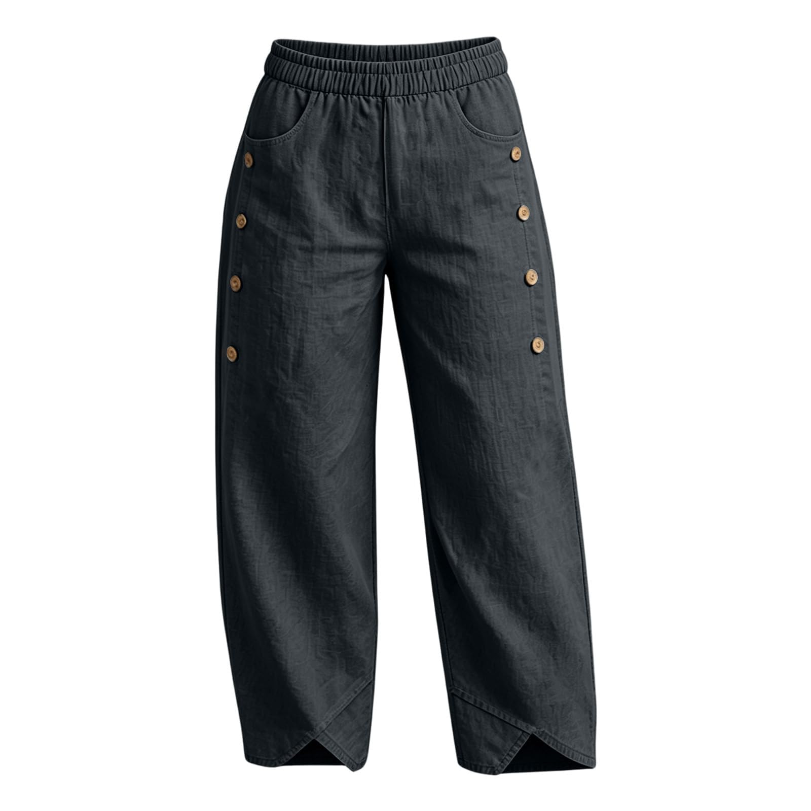 Wide Leg Pants for Women Elastic Waist Cotton Linen Wide Leg Pants Womens Baggy Side Button Split Hem High Waist Trousers Beach Vacation Outfits Plus Size Linen Cropped Wide Leg Capri Dark Gray M