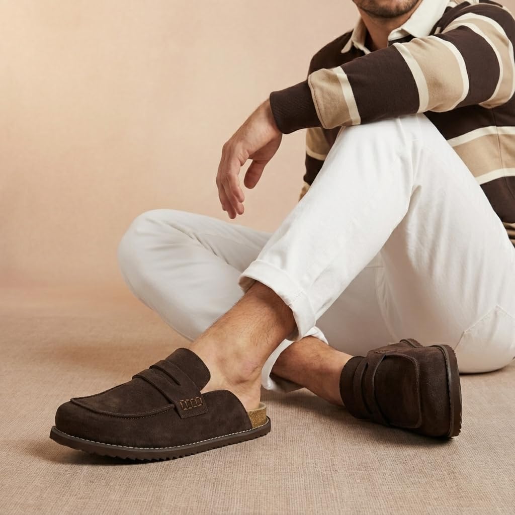 CUSHIONAIRE Wally Loafer-Style Suede Clogs for Men, Slip-On Backless Indoor Outdoor Mens Shoes with Cushioned Footbed, Brown 8