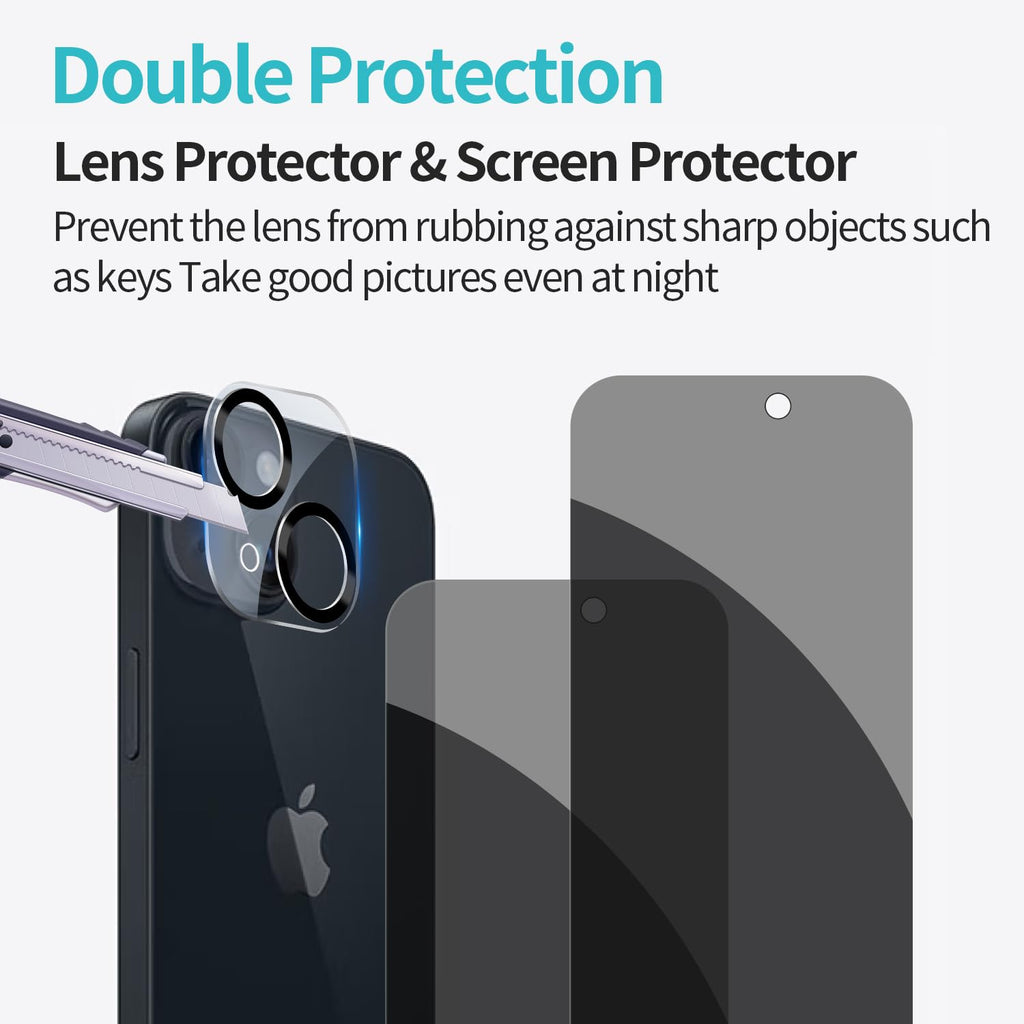 PEHAEL 2+2Pack for iPhone 15 Privacy Screen Protector with Camera Lens Protector Full Coverage Anti-Spy Tempered Glass Film 9H Hardness Easy Installation Bubble Free [6.1 inch]