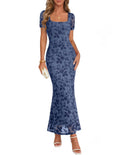 MEROKEETY Women Summer Floral Bodycon Maxi Dress 2026 Spring Wedding Guest Square Neck Short Sleeve Mesh Cocktail Party Dress, Dusty Blue, X-Small