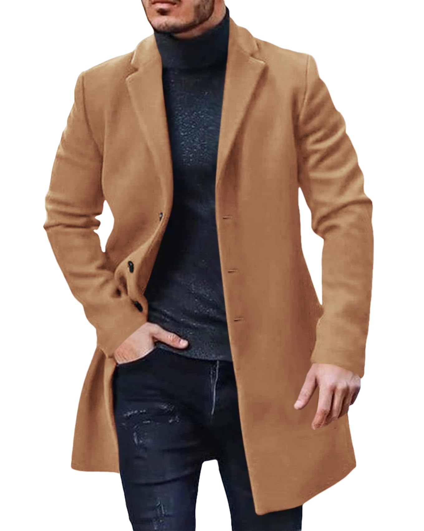 PASLTER Mens Cotton Business Trench Topcoats Winter Heavyweight Warm Single Breasted Coats Khaki