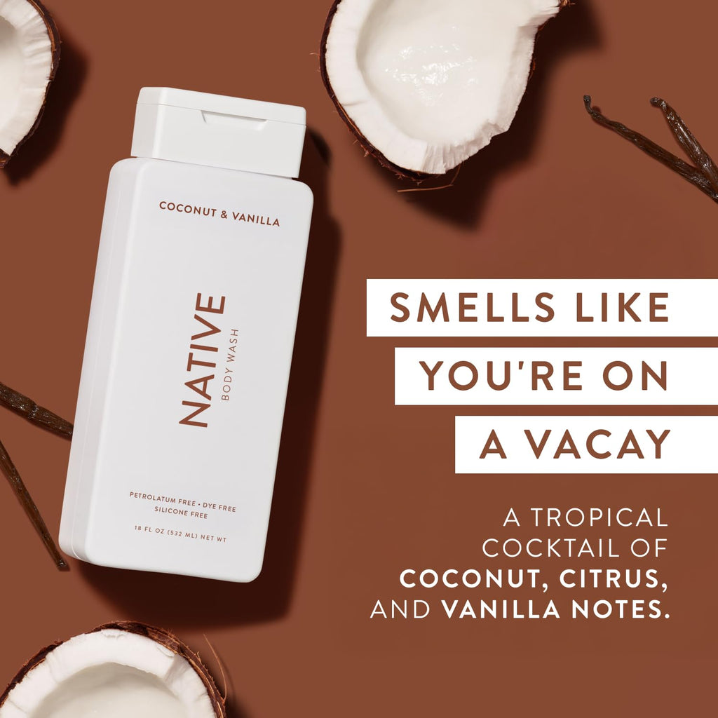 Native Shower Gel & Body Wash for Women & Men - Free of Sulphates & Dyes - Coconut & Vanilla Scent Body Soap - Gently Cleanses with Plant-Based ingredients (532ml)