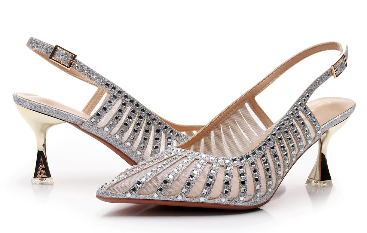VenusCelia Women's Graceful Lady Slingback Pump Shoe (10.5 M US,Silver)