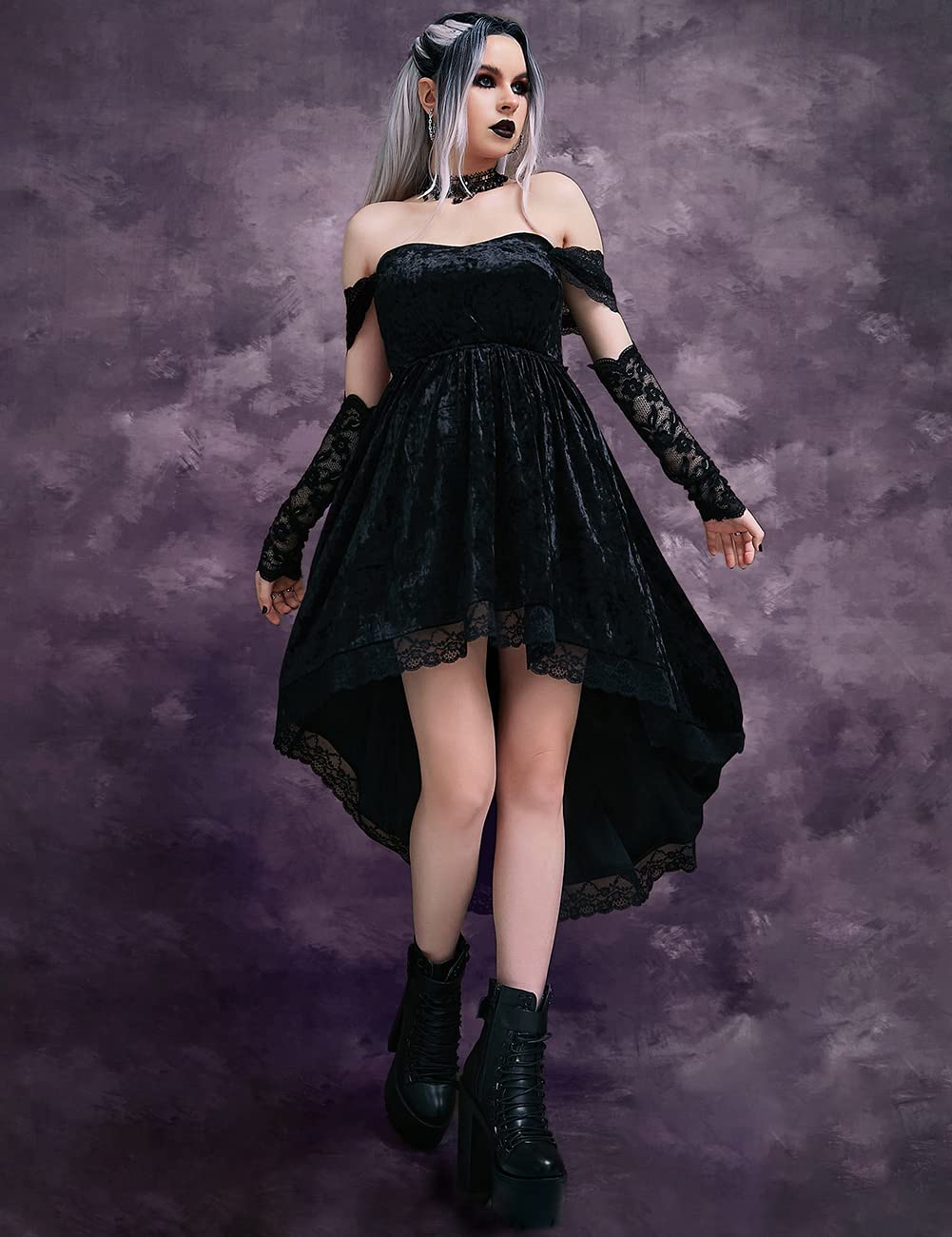 LANSHULAN Gothic Clothes Dress,Lace Mini Sleeveless Lace Draped Bodycon Goth Vintage Dresses Without Gloves Black