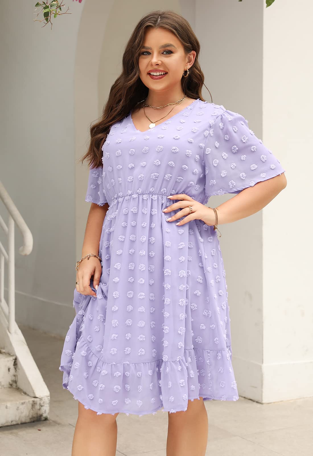 Keluummi Plus Size Wedding Guest Midi Dresses for Curvy Women, Casual Summer Swiss Dot Baby Shower Dress with Sleeve(20 Plus, 01 - Mauve)