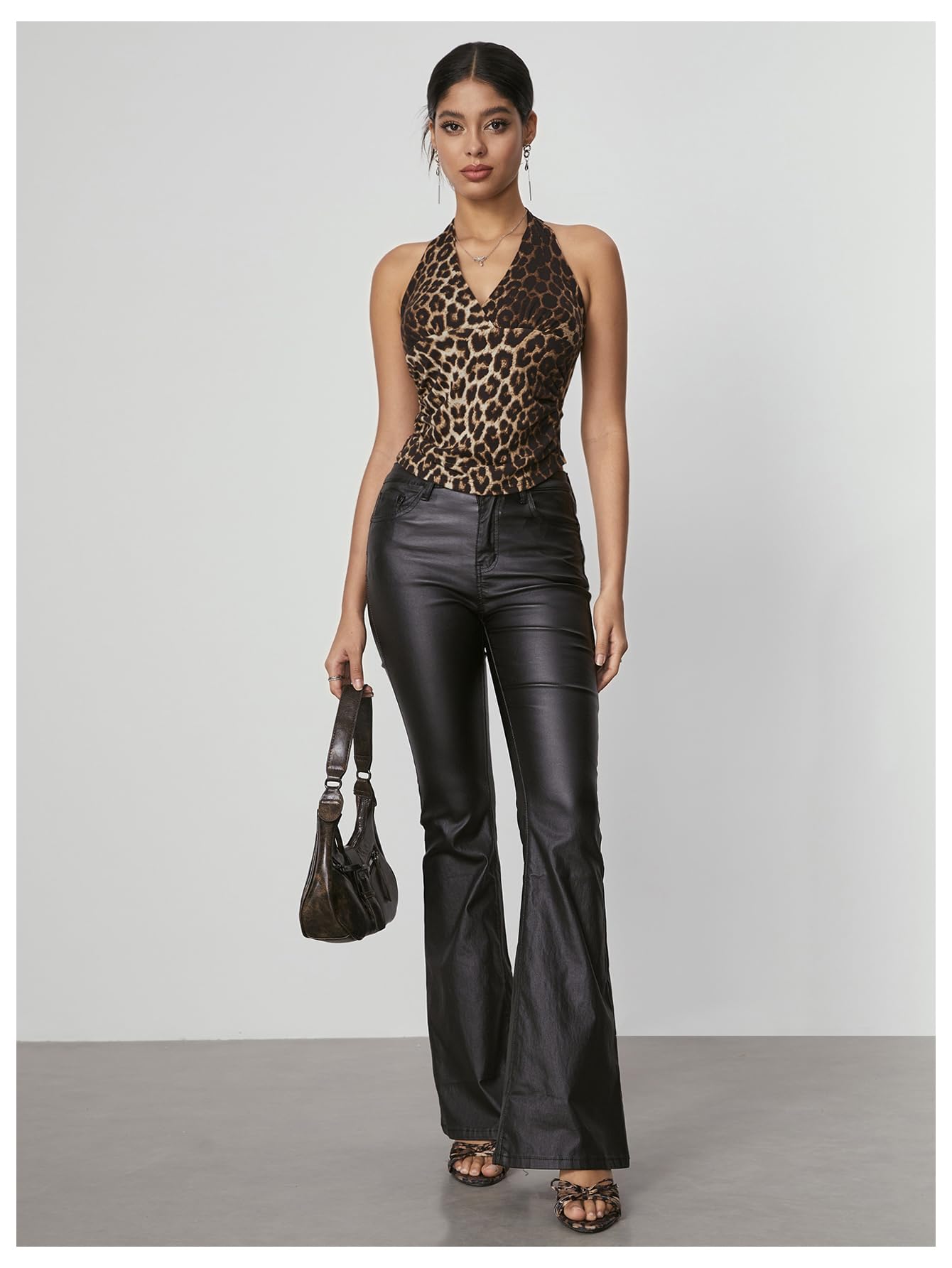 WDIRARA Women's Leopard Print Ruched Halter Crop Tops V Neck Tie Back Sleeveless Slim Fit Cami Tops Multicolor Leopard Large