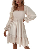 LYANER Women's Square Neck Lantern Long Sleeve Shirred Ruffle A Line Flowy Party Mini Dress Solid Beige Small