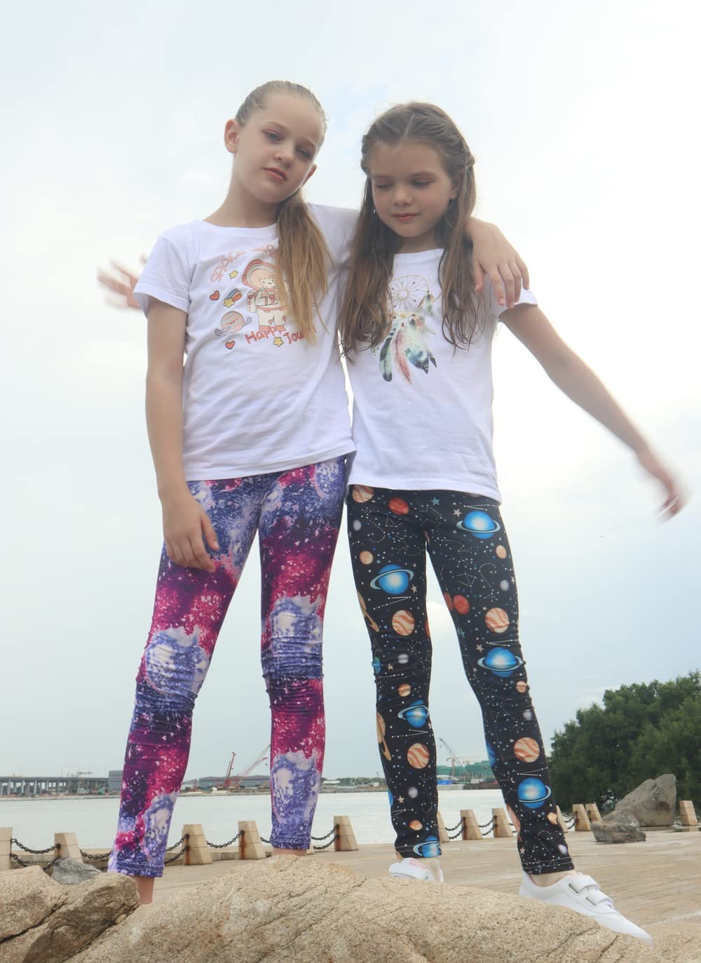 LUOUSE Girl's 3 pack Full Length Comfy Yoga Pants, 01 Cute Pink Pureple Rose, 8-9 Years