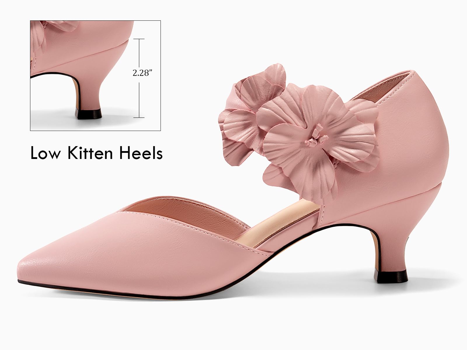 Coutgo Womens Low Kitten Heels Dressy Shoes Comfortable Closed Toe Flower Slip on Formal Party Dance Heeled Pumps, Pink, Size 8.5