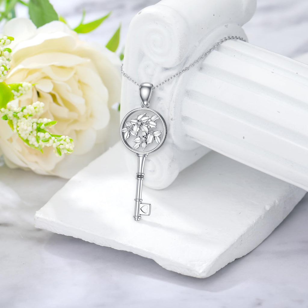 LWXIE Diamond Key Necklace 925 Sterling Silver Birth Flower Key Pendant Necklace Birthday Mother's Day Jewelry Gifts for Women