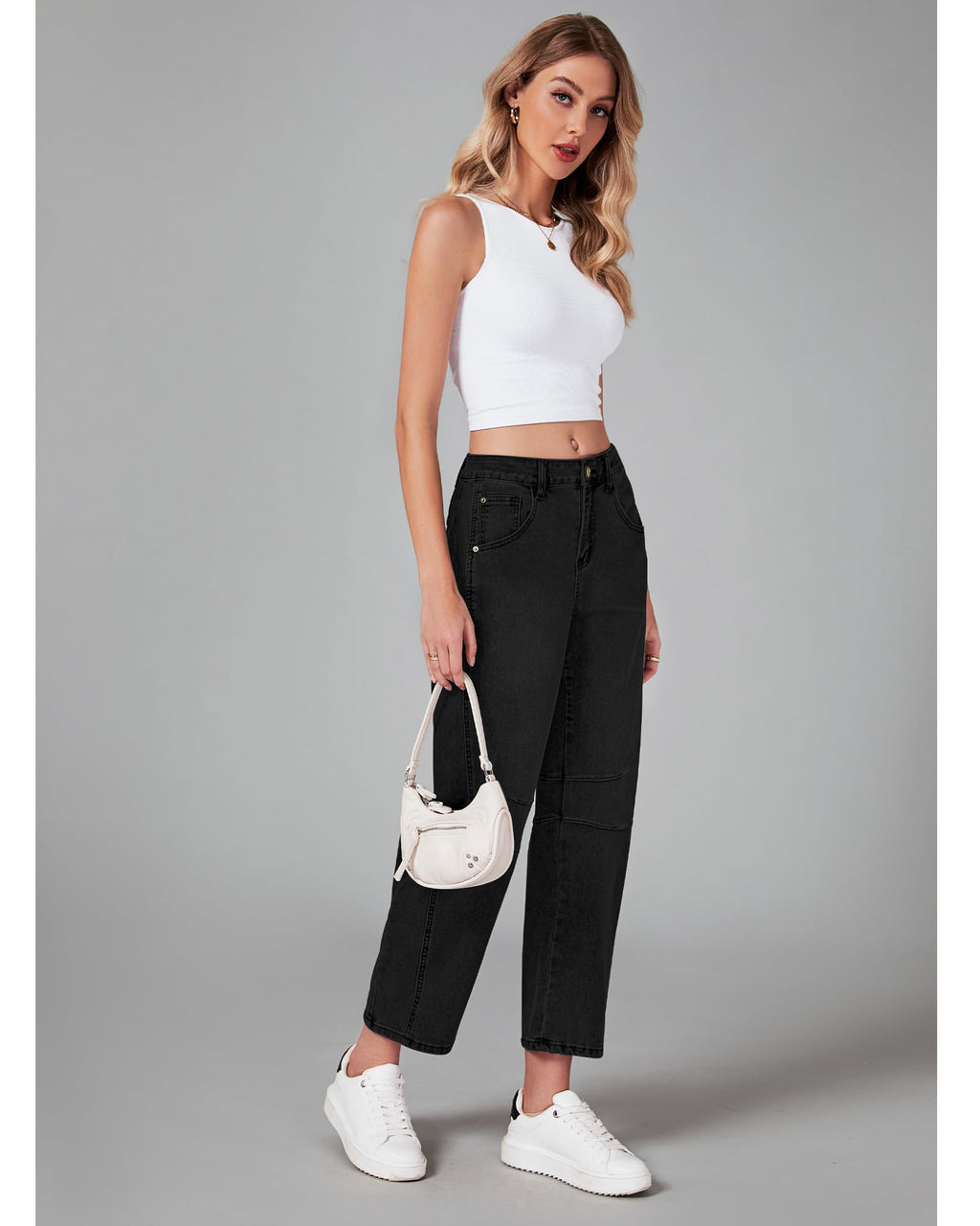 GRAPENT Barrel Jeans for Women Balloon Wide Leg Cropped Trendy Jeans Boyfriend High Waisted Jean Pants Casual Stretchy Summer Denim Trousers Color True Black X-Large Plus Size 16 to 18