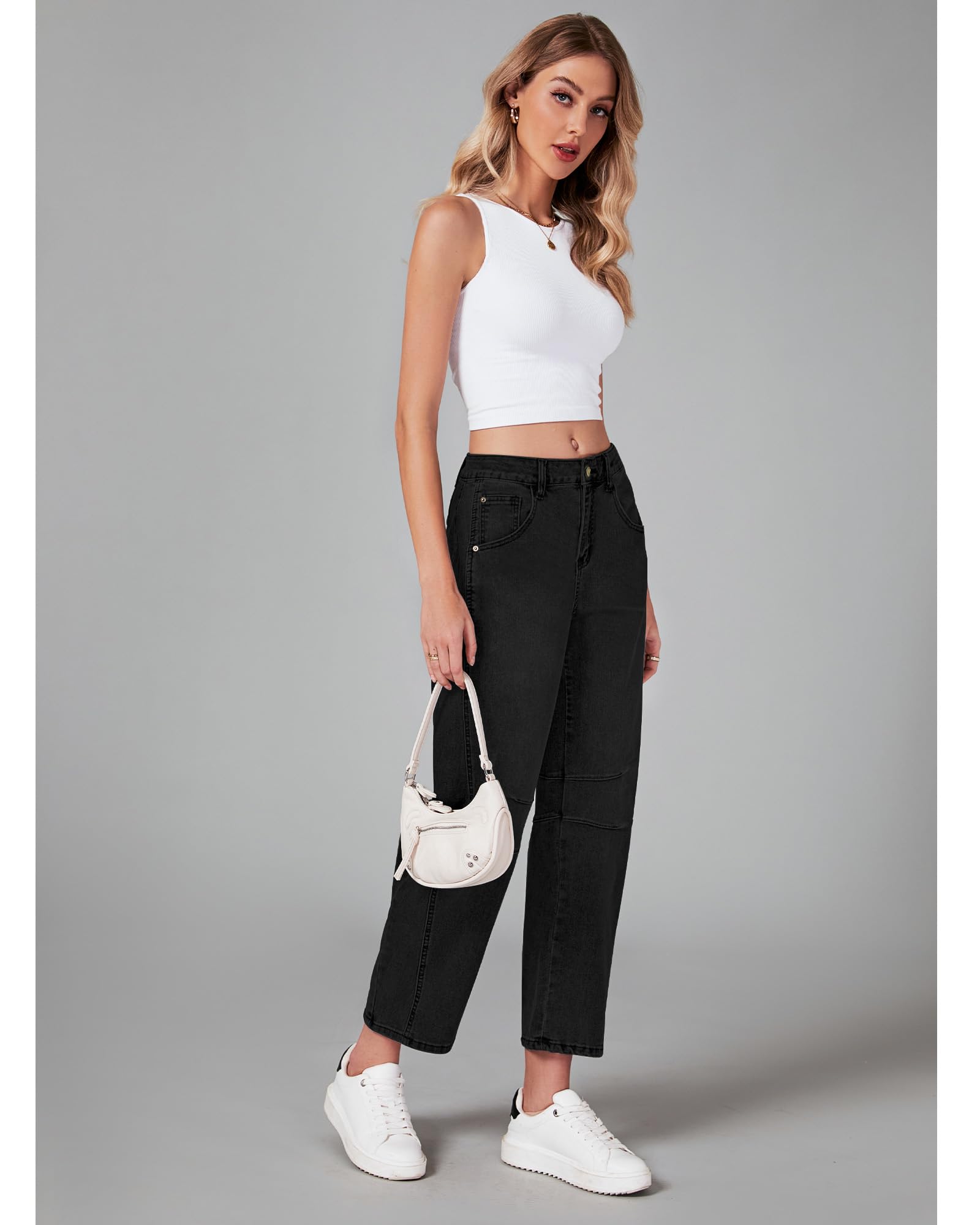 GRAPENT Barrel Jeans for Women Balloon Wide Leg Cropped Trendy Jeans Boyfriend High Waisted Jean Pants Casual Stretchy Summer Denim Trousers Color True Black X-Large Plus Size 16 to 18