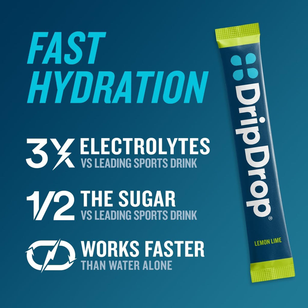 DripDrop Hydration Packets - Sunburst Variety Pack - Single Serve Electrolytes Powder Drink Mix - Lemon Lime, Strawberry, Peach, Black Cherry - Non-GMO, Gluten Free, Vegan - 16 Sticks