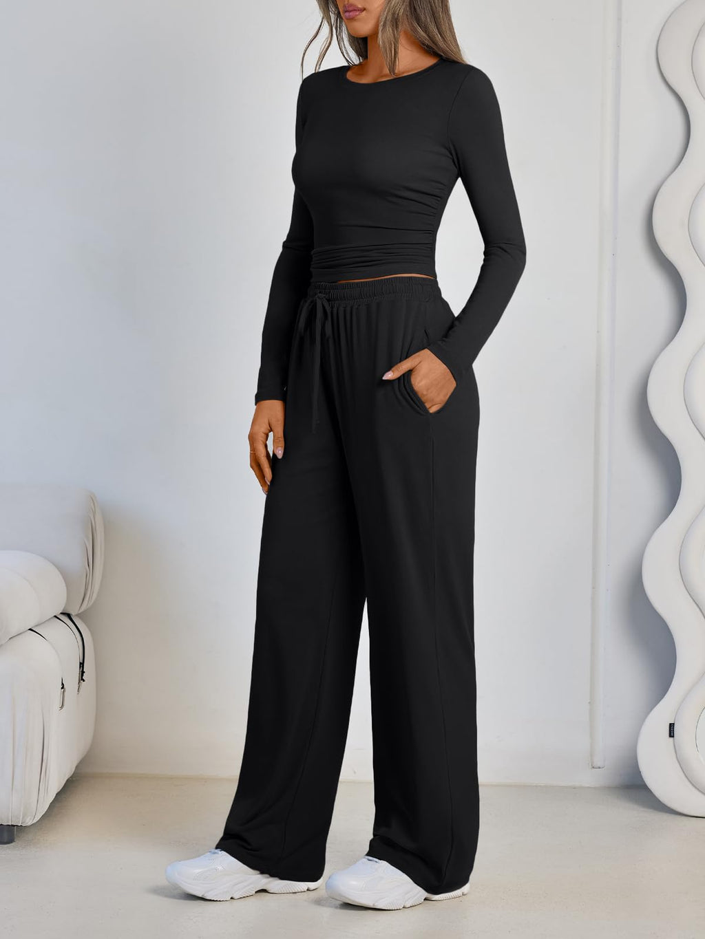 LILLUSORY Lounge Sets for Women Two 2 Piece matching Loungewear Sets Women Winter Clothing 2026 Fall Fashion Travel Airport Outfits Sweatsuits Casual Cute Clothes Black M