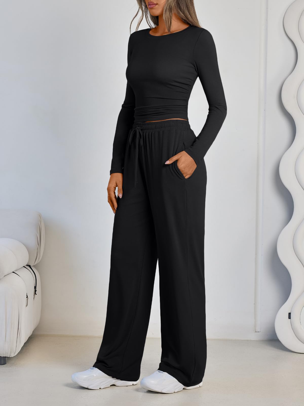 LILLUSORY Lounge Sets for Women Two 2 Piece matching Loungewear Sets Women Winter Clothing 2026 Fall Fashion Travel Airport Outfits Sweatsuits Casual Cute Clothes Black M