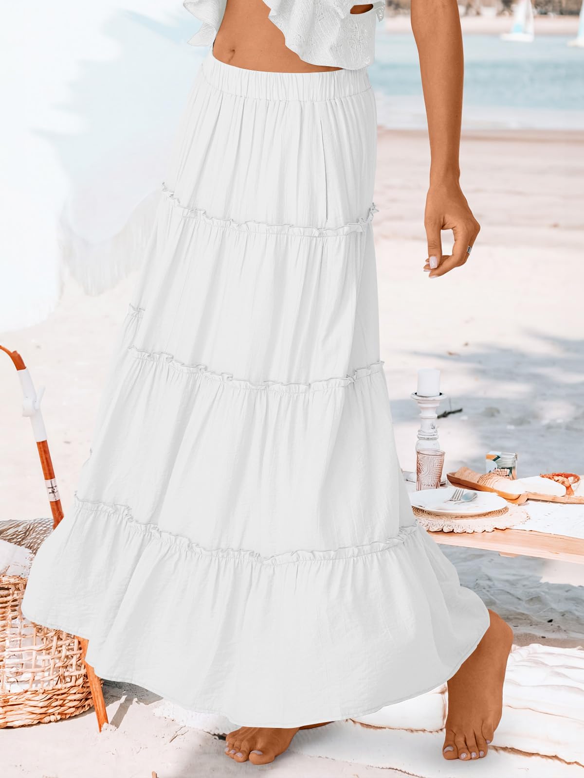 Trendy Queen Beach Vacation Clothes Maxi Skirts for Women Summer Outfits Maxi Skirt 2026 White Dress Longe Flowy Boho Dresses with Pockets S