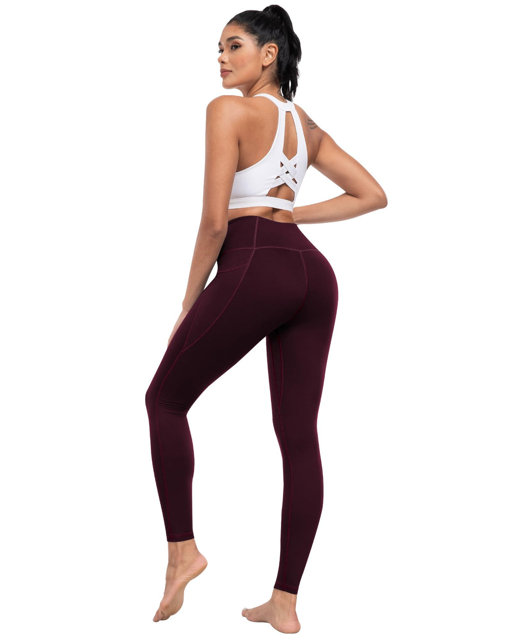 ATHVOTAR Leggings with Pockets for Women, 7 Packs High Waisted Workout Tummy Control Yoga Pants Black/Gray/Navy/Burgundy/Army Green/Dark Brown/Cassis L