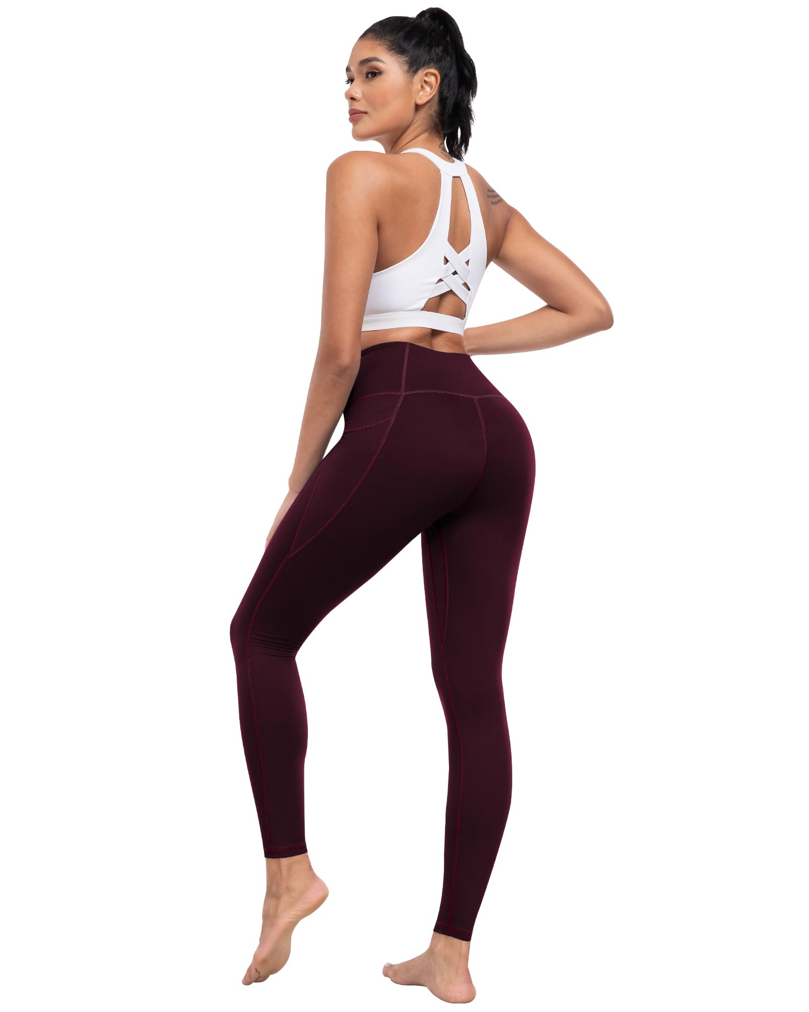 ATHVOTAR Leggings with Pockets for Women, 7 Packs High Waisted Workout Tummy Control Yoga Pants Black/Gray/Navy/Burgundy/Army Green/Dark Brown/Cassis L