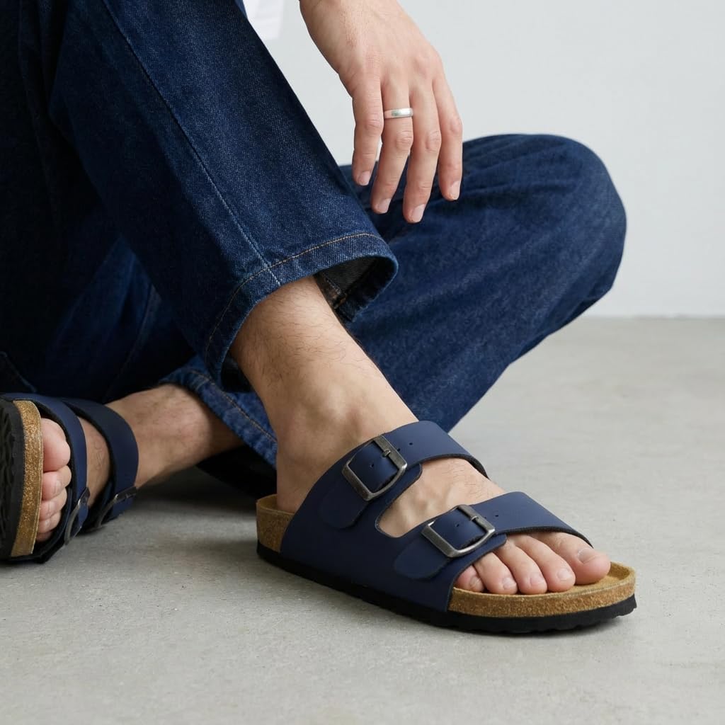CUSHIONAIRE Lane Cork Footbed Mens Sandals, Adjustable Buckle Comfort Slides for Men, Genuine Leather Insole Summer Sandals Men Footwear, NAVY 8