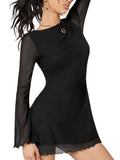 Milumia Women's Boat Neck Mesh Long Bell Sleeve Mini Dress Y2k Going Out Short Dresses 2026 Spring Black Medium