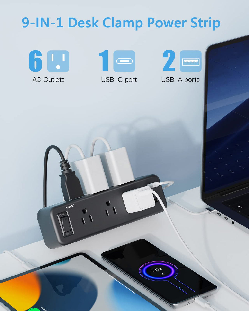 6 Outlet Desk Clamp Power Strip with USB C, Flat Plug Surge Protector, Desktop Edge Mount for 1.8 inch Tabletop Thick, Connect 6 ft Extension Cord, Table Edge Socket with Switch, Black