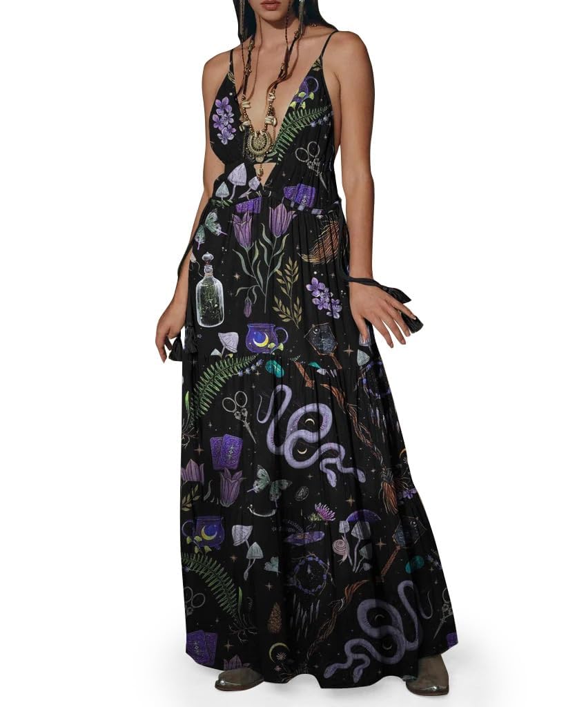 CORAMOON Womens Summer Sun Dresses Mystical Gothic Maxi Dress Casual Floral Witch Dress Date Dress Halloween Outfits (US, Alpha, X-Large, Regular, Regular, Black)
