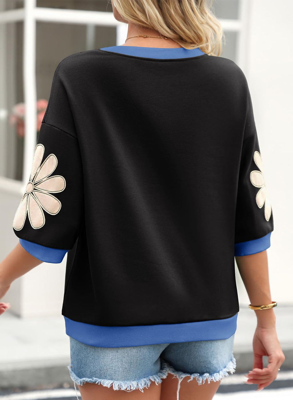 Dokotoo Women's Casual Tops 3/4 Sleeve Contrast Color Block Sweatshirt 2026 Round Neck Loose Fit Cute T Shirt Summer Fashion Floral Patchwork Black Pullover Tops Large