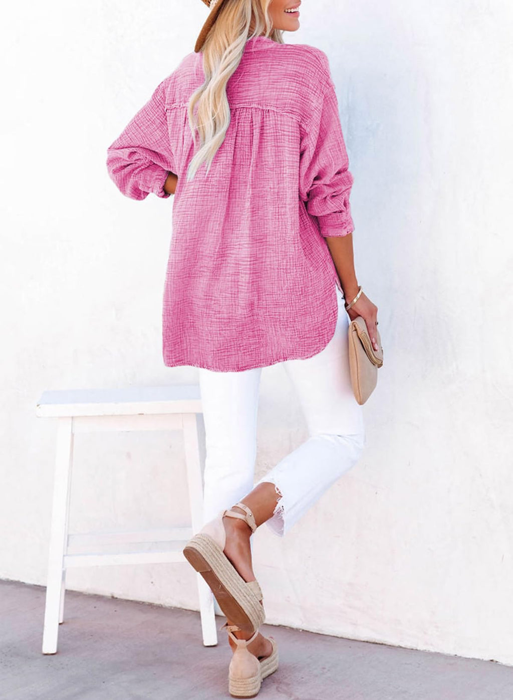 Dokotoo Womens Fashion V Neck Comfy Cotton Pullover Blouses Casual Pink S