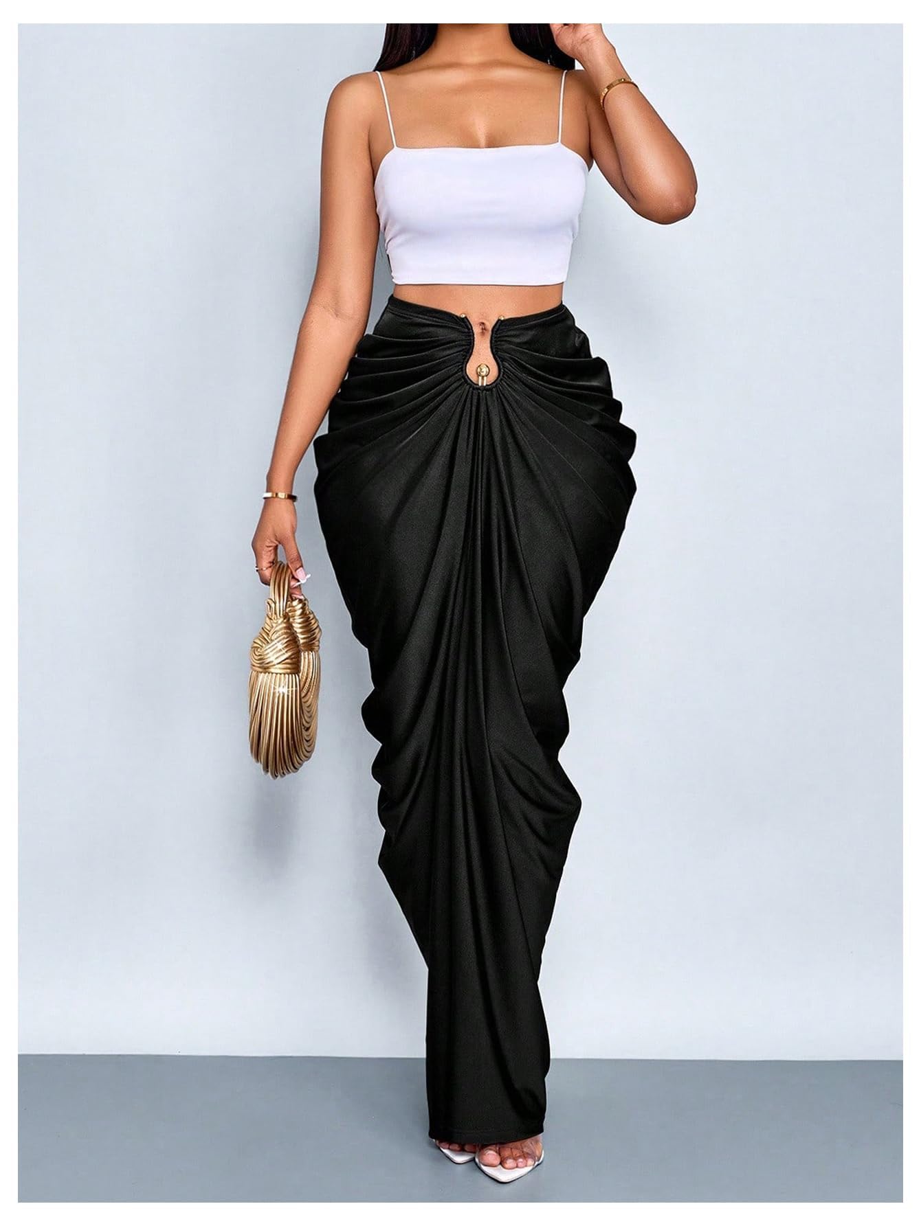 WDIRARA Women's Ruched Bodycon Maxi Skirt Cocktail Party High Waisted Long Fishtail Skirts Black Medium
