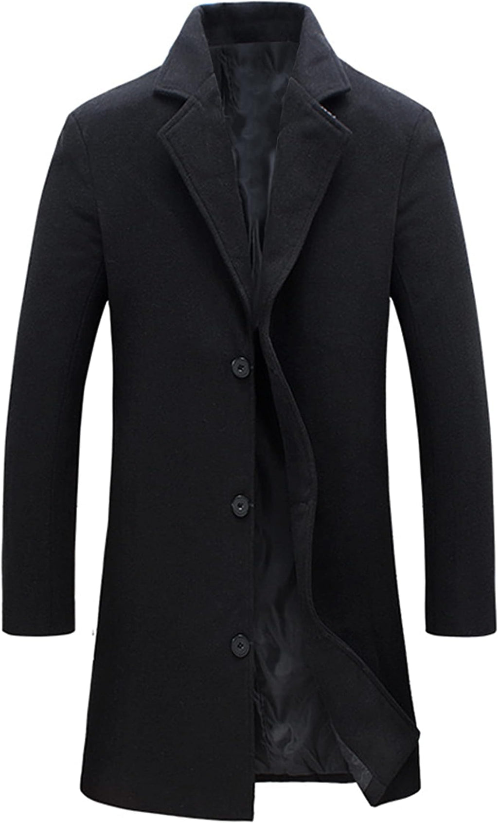 Springrain Men's Wool Blend Pea Coat Notched Collar Single Breasted Overcoat Warm Winter Trench Coat(Black-S)