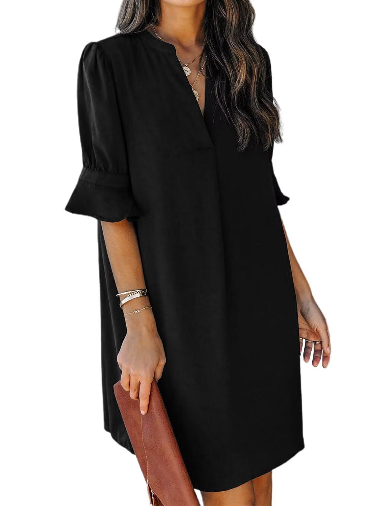 QACOHU Summer Dresses for Women 2026 Casual Ruffle Short Sleeve V-Neck Flowy Swing Shift Dress Black L