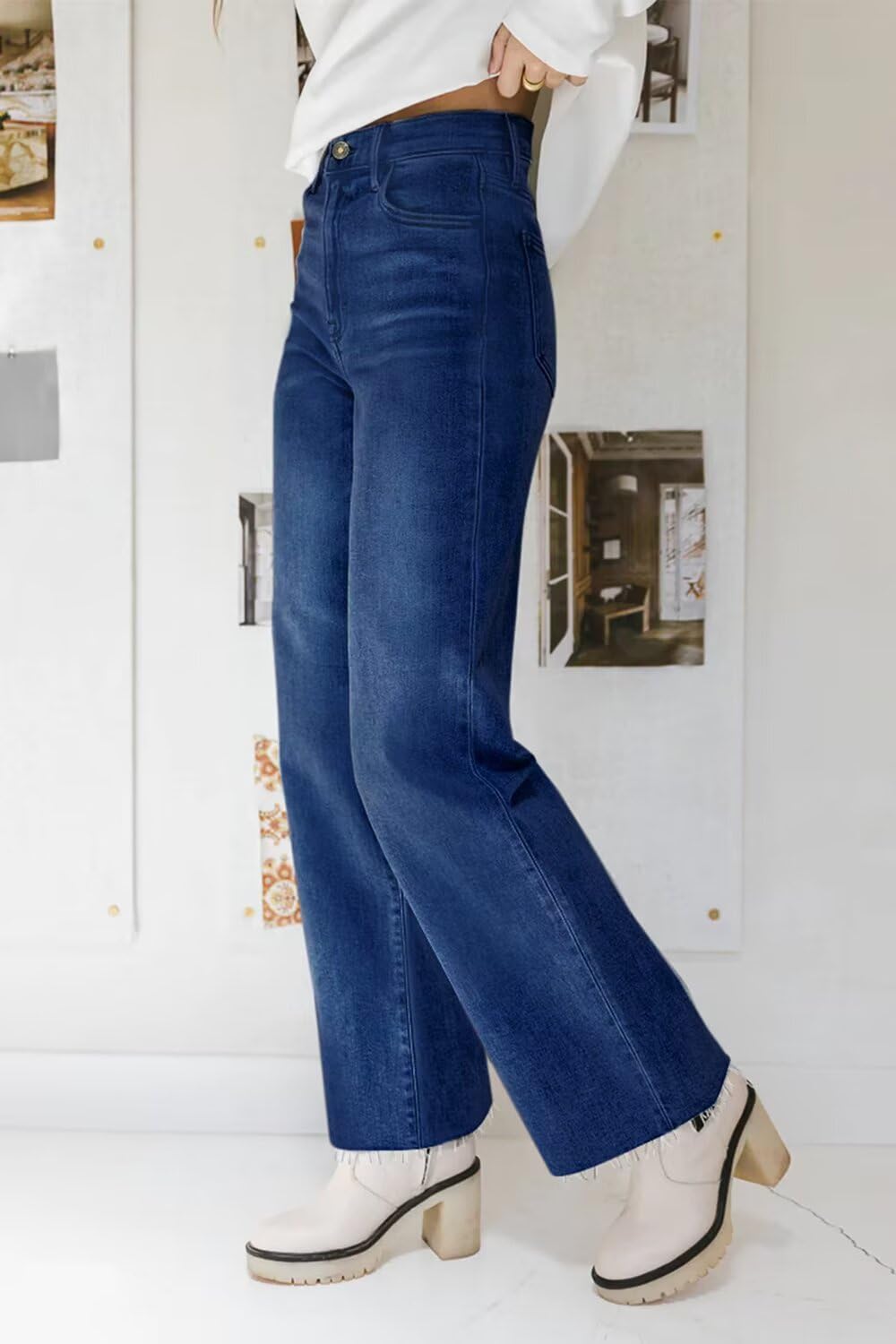 KDF Straight Leg Jeans for Women High Waisted Jeans Frayed Baggy Pants Raw Hem Loose Stretchy Cropped Wide Leg Jeans Dark Blue Size 2