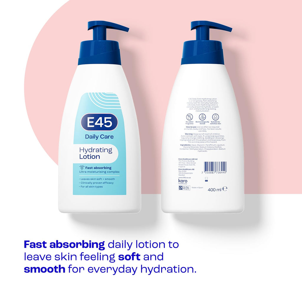 E45 Daily Lotion 400 ml for all Skin Types – Hydrating Non-Greasy Lightweight Moisturiser - Perfume-Free Long Lasting Body Face Hand Cream - Dermatologically Tested