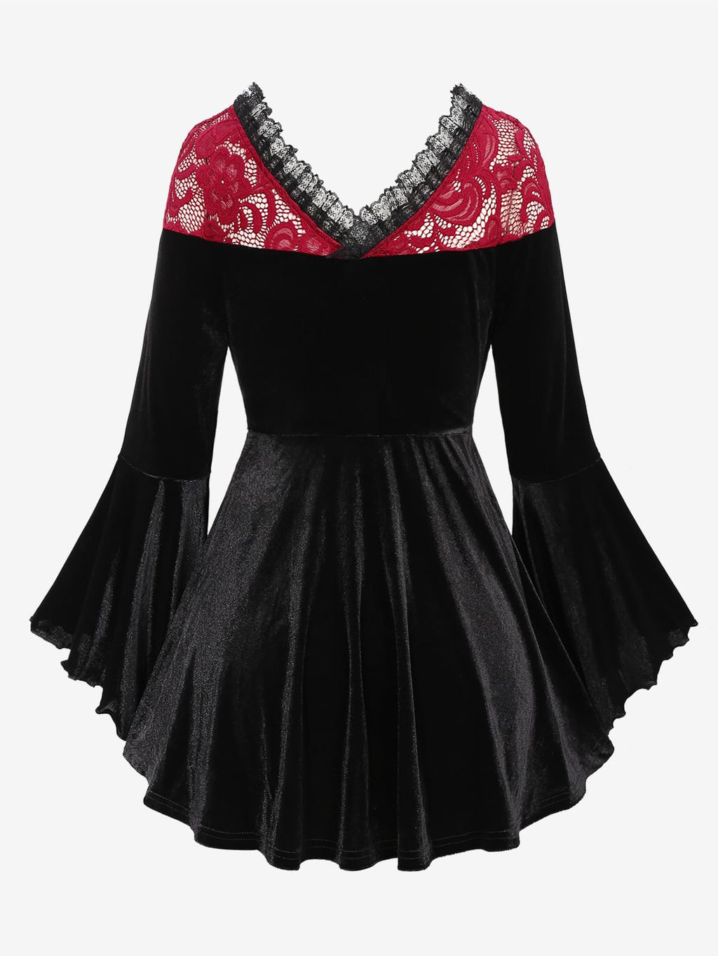 ROSE GAL Rosegal Women Plus Size Romantic Gothic Lace-up Lace Panel Ruched Bell Sleeves Velvet Tee Flare Sleeves Gothic Witch Costume Top(Black_2/1X)