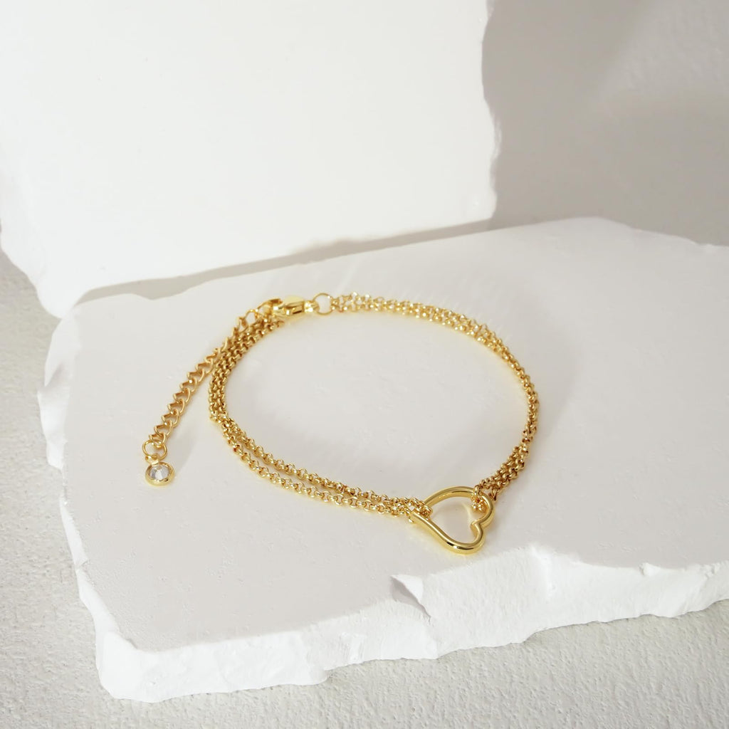 Bheop Bracelets for Women 14K Real Gold Plated Bracelet Dainty Love Heart Charm Pendant Stackable Link Chain Hypoallergenic Body Jewelry Cute Trendy Gifts