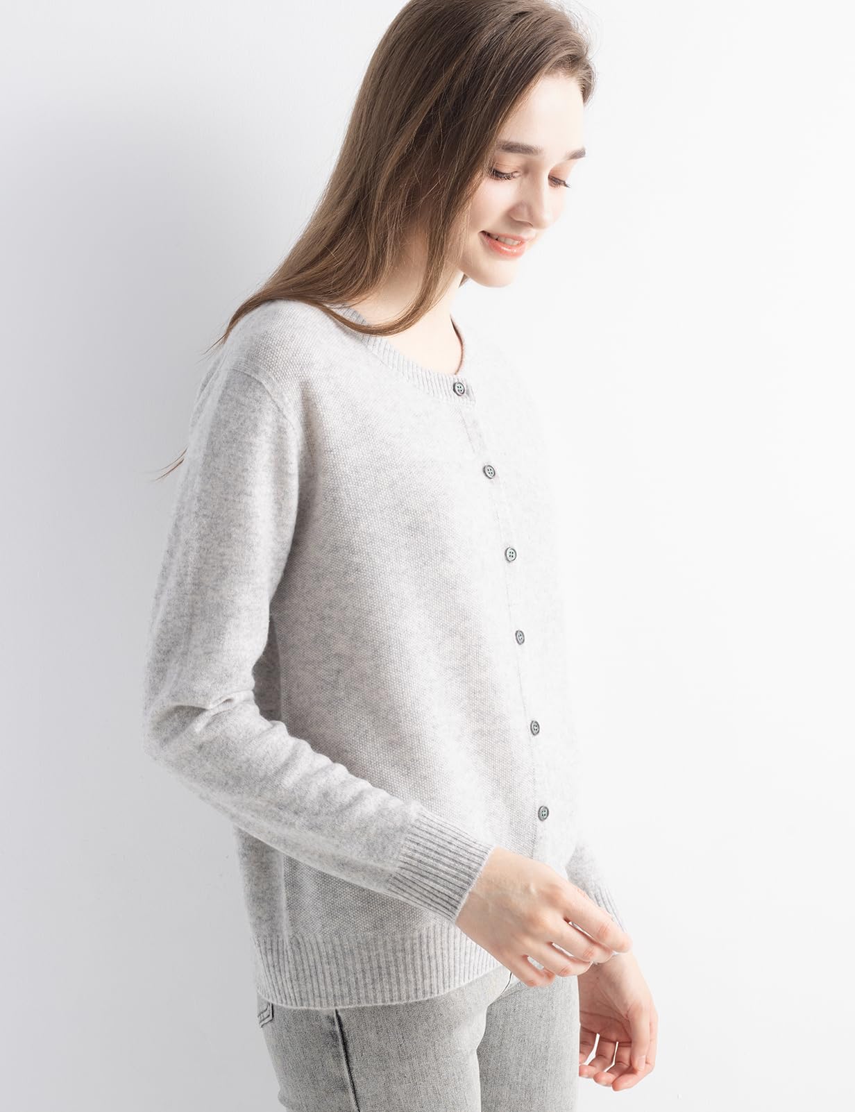Chanyarn Women's 100% Pure Cashmere Cardigan Crew Neck Long Sleeve 2025 Fall Winter Warm Soft Knit Cardigan Sweater (Light Grey17056,M)