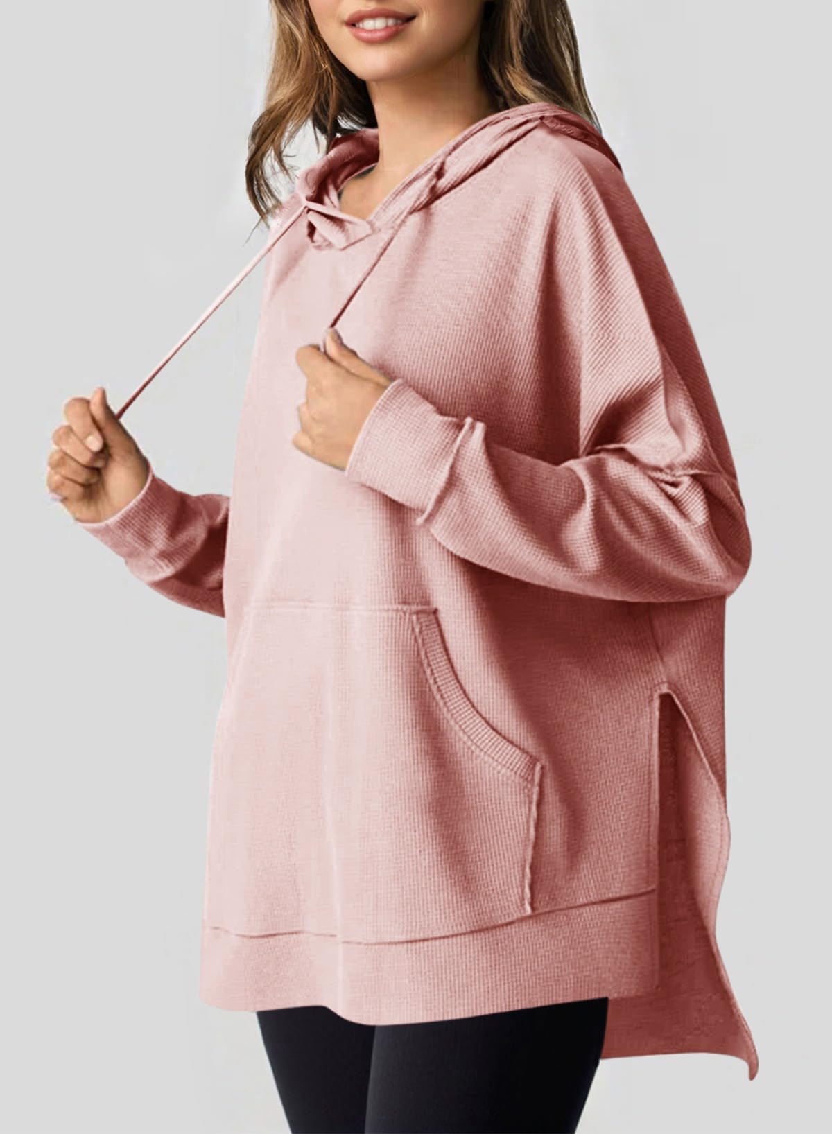 Dokotoo Womens Hoodie Casual Long Sleeve Oversized Hoodies for Women 2025 Fall Winter Clothes Outfits Waffle Knit Solid Color Drawstring Hooded Sweatshirts Tops with Pocket Pink Small