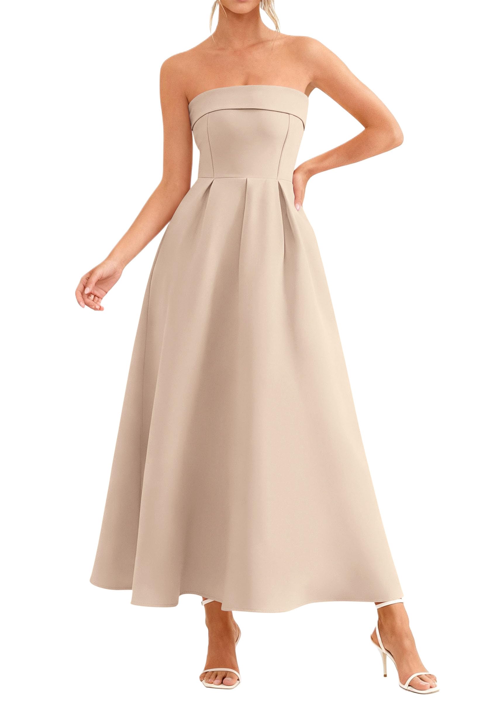 PRETTYGARDEN Cocktail Dresses for Women 2026 Summer Formal Elegant Tube Top Strapless Spring Wedding Guest Party Midi Dress(Beige,Small)