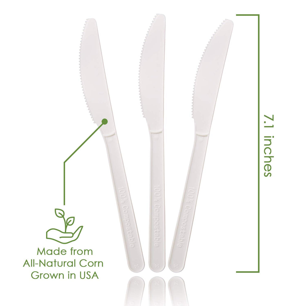 Ecovita 100% Compostable Knives - 500 Large Disposable Utensils (7 in.) Bulk Size Eco Friendly Durable and Heat Resistant Alternative to Plastic Knives with Convenient Tray