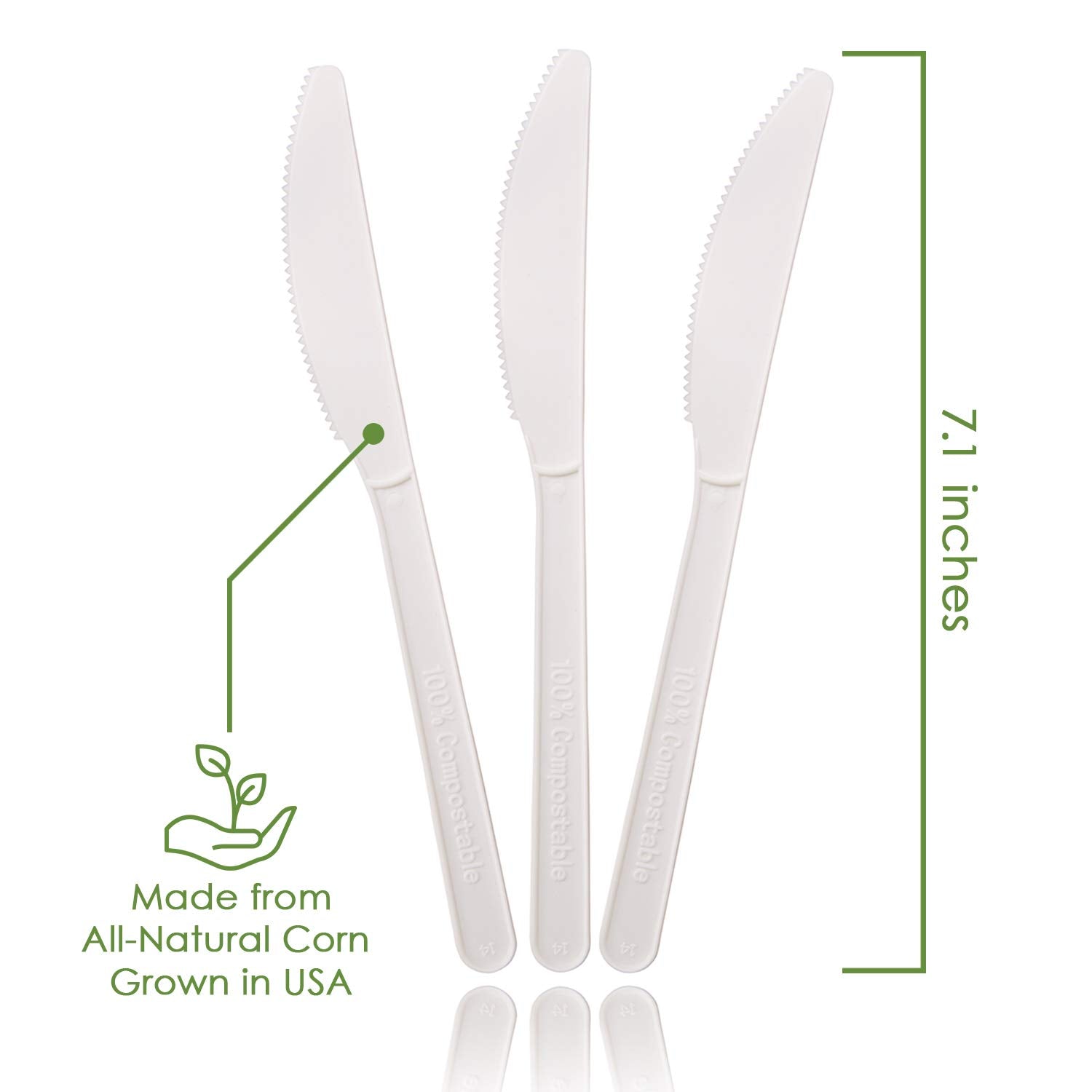 Ecovita 100% Compostable Knives - 500 Large Disposable Utensils (7 in.) Bulk Size Eco Friendly Durable and Heat Resistant Alternative to Plastic Knives with Convenient Tray
