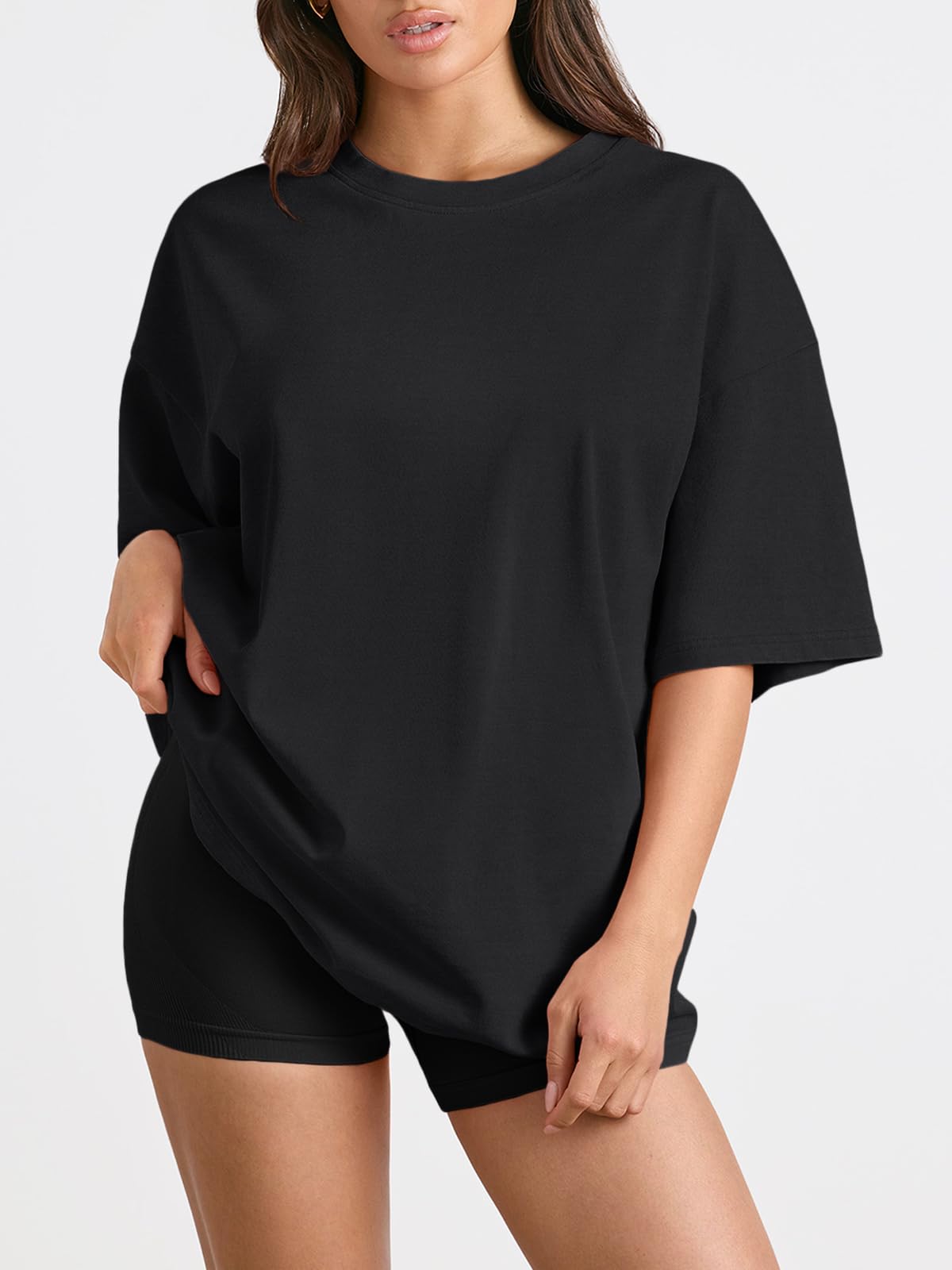 Trendy Queen Womens Oversized Sleep T Shirts Plus Size Capsule Wardrobe Tops Short Sleeves Fashion Workout Clothes 2026 Black L