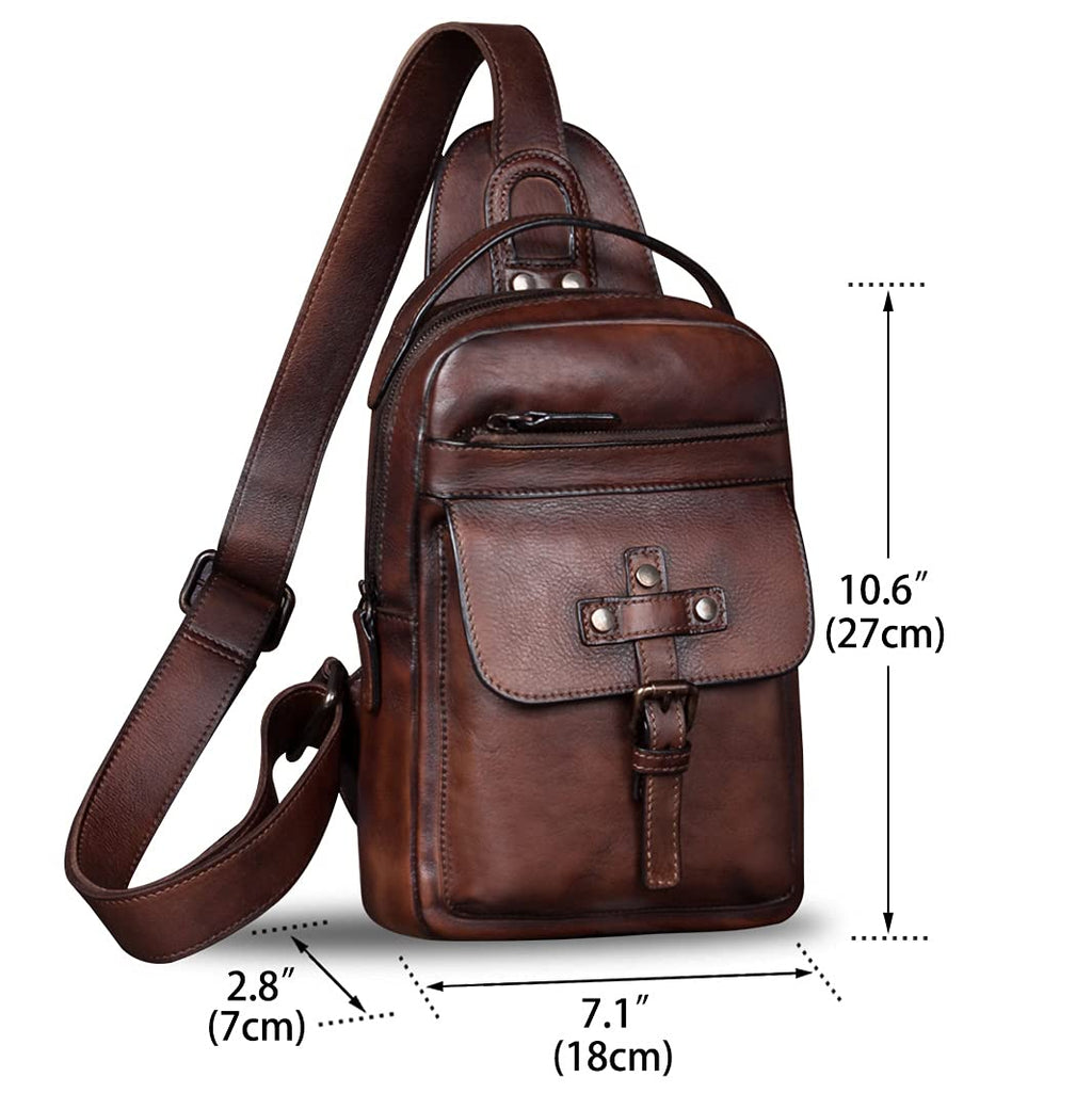 IVTG Genuine Leather Sling Bag Chest Shoulder Fanny Bag Hiking Backpack Vintage Handmade Crossbody Daypack (Coffee)