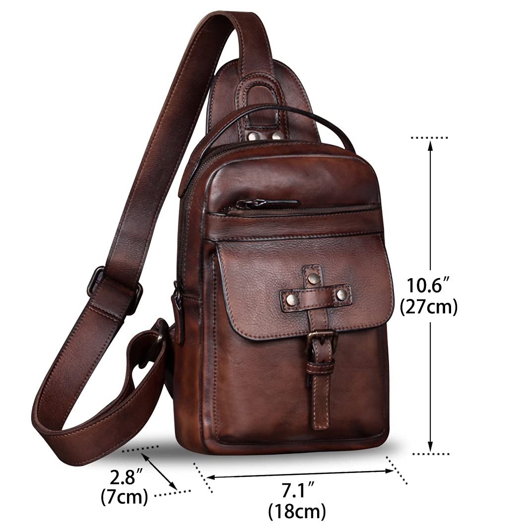 IVTG Genuine Leather Sling Bag Chest Shoulder Fanny Bag Hiking Backpack Vintage Handmade Crossbody Daypack (Coffee)