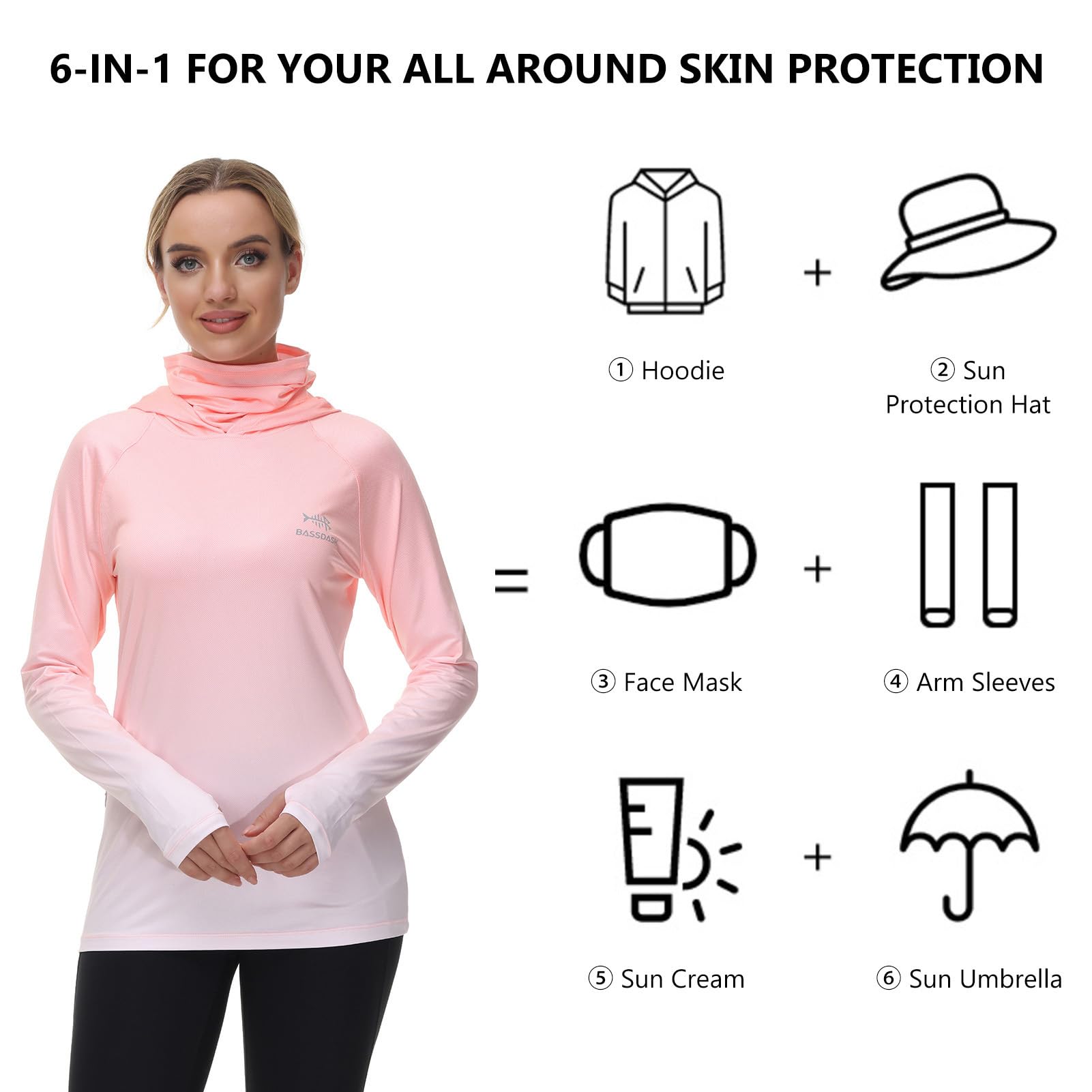 BASSDASH Women's Fishing Hoodie Shirt with Face Mask Thumb Holes UPF 50+ FS23W