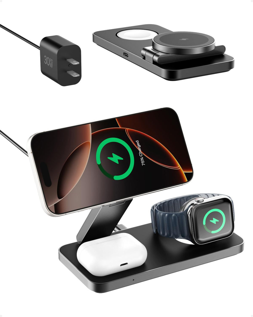 3 in 1 Wireless Charging Station with Qi2 Magnetic Charger for iPhone 16 Pro/16/16 Pro Max, for Apple Watch 9/Ultra 2/SE/8/7/6/5/4/3/2, for AirPods Pro/Pro 2/3 (Black)