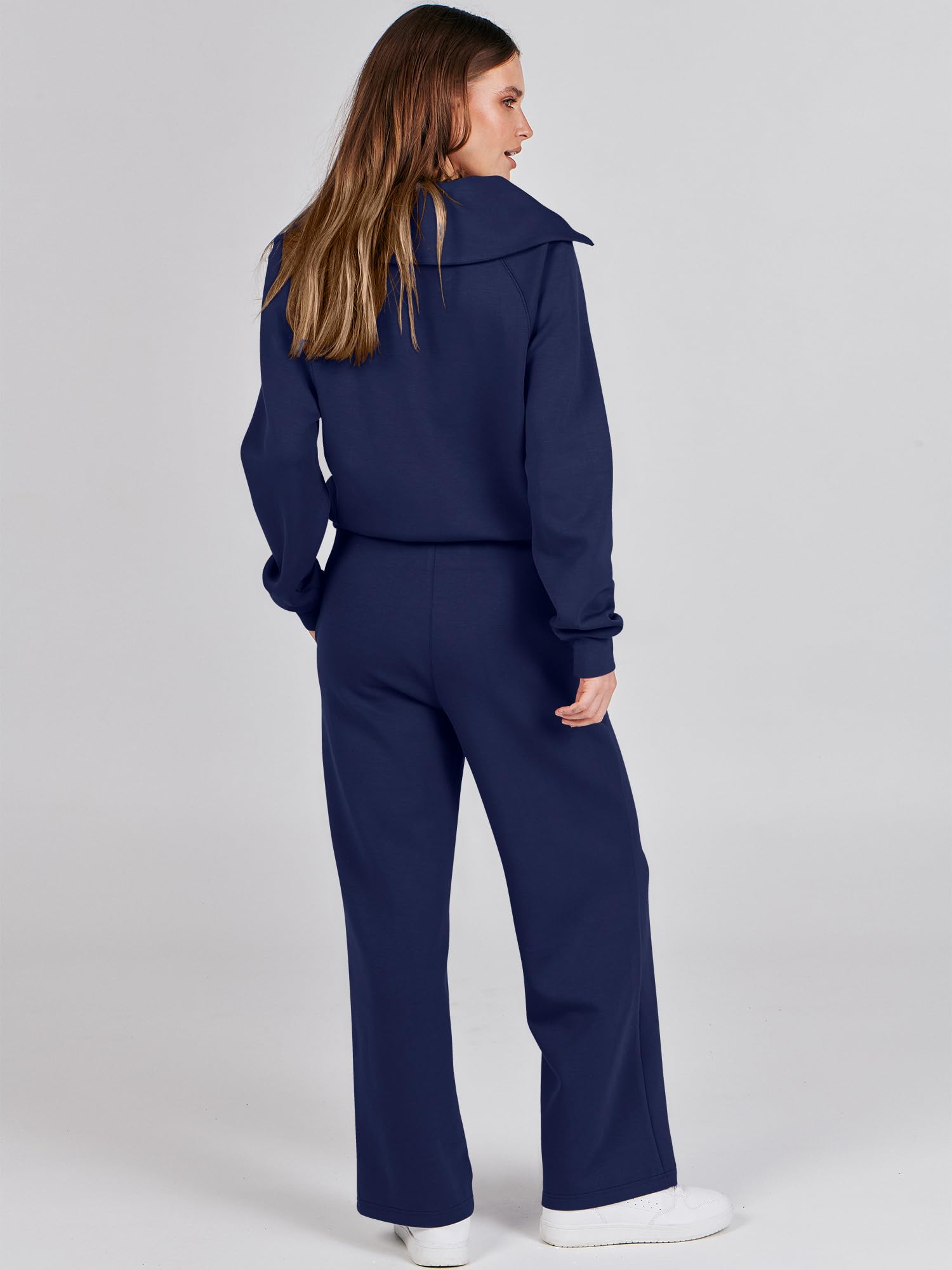 ANRABESS Women 2 Piece Outfits 2025 Fall Fashion Airport Wide Leg Pants Lounge Set Leisure Travel Vacation Clothes Sweatsuits Navy Blue Large