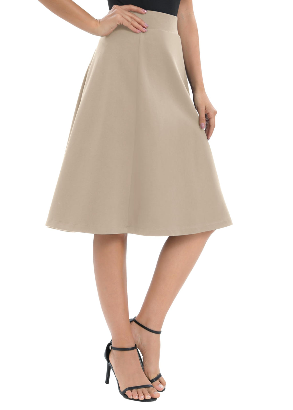 Urban CoCo Women's A-Line Elastic High Waist Flare Work Midi Knee Length Stretchy Skirt(S, Camel)