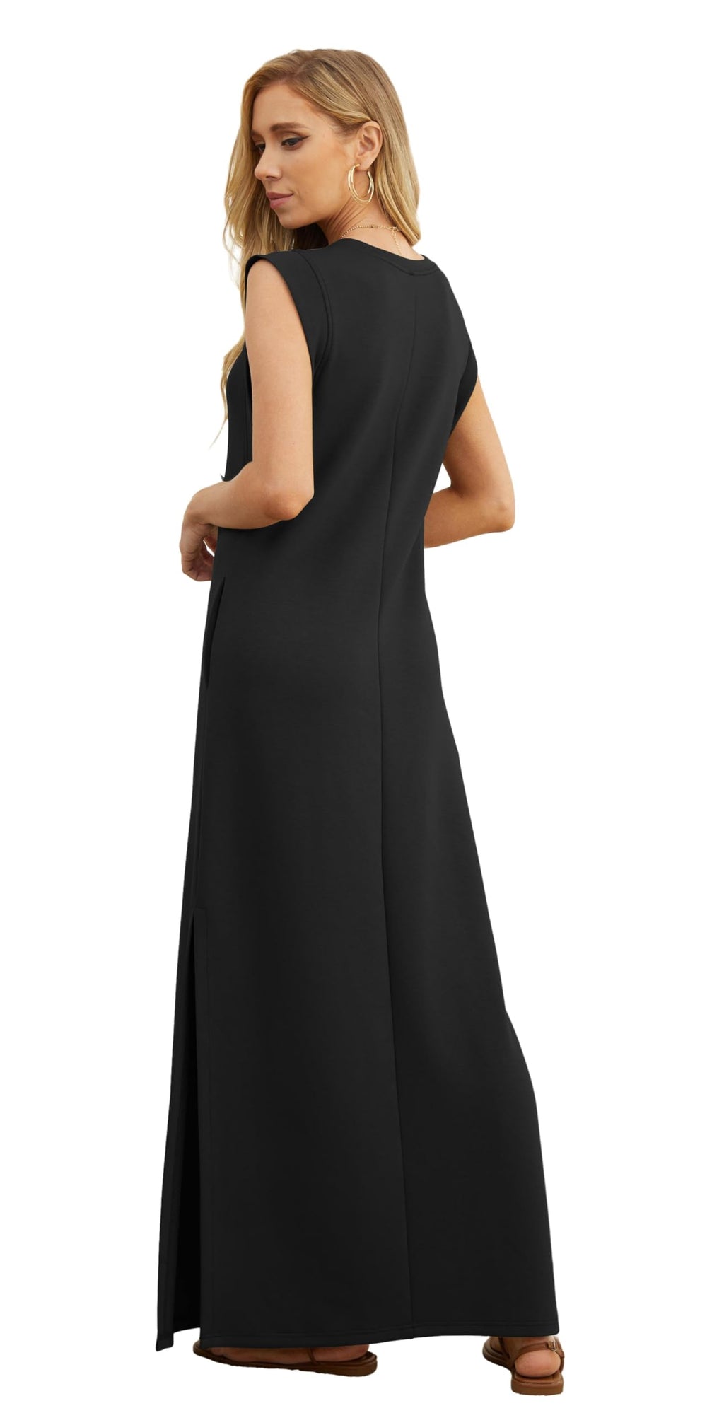 GRECERELLE Women's Summer Casual Loose Split Long Maxi Sun Dress with Pockets (Medium, Black)