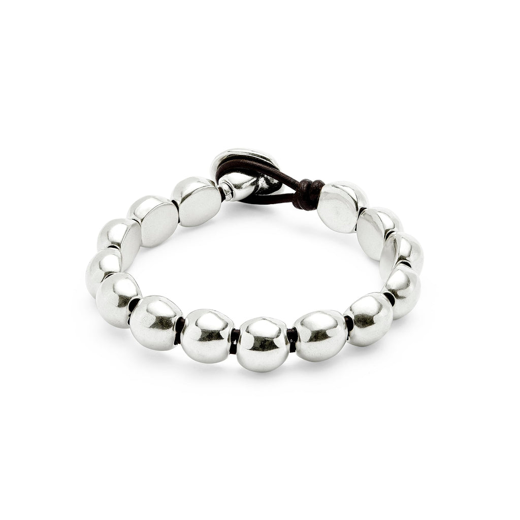 Uno de 50 Sterling Silver-Plated Beaded Bracelet, Round Bubbles Design, Black Leather Closure
