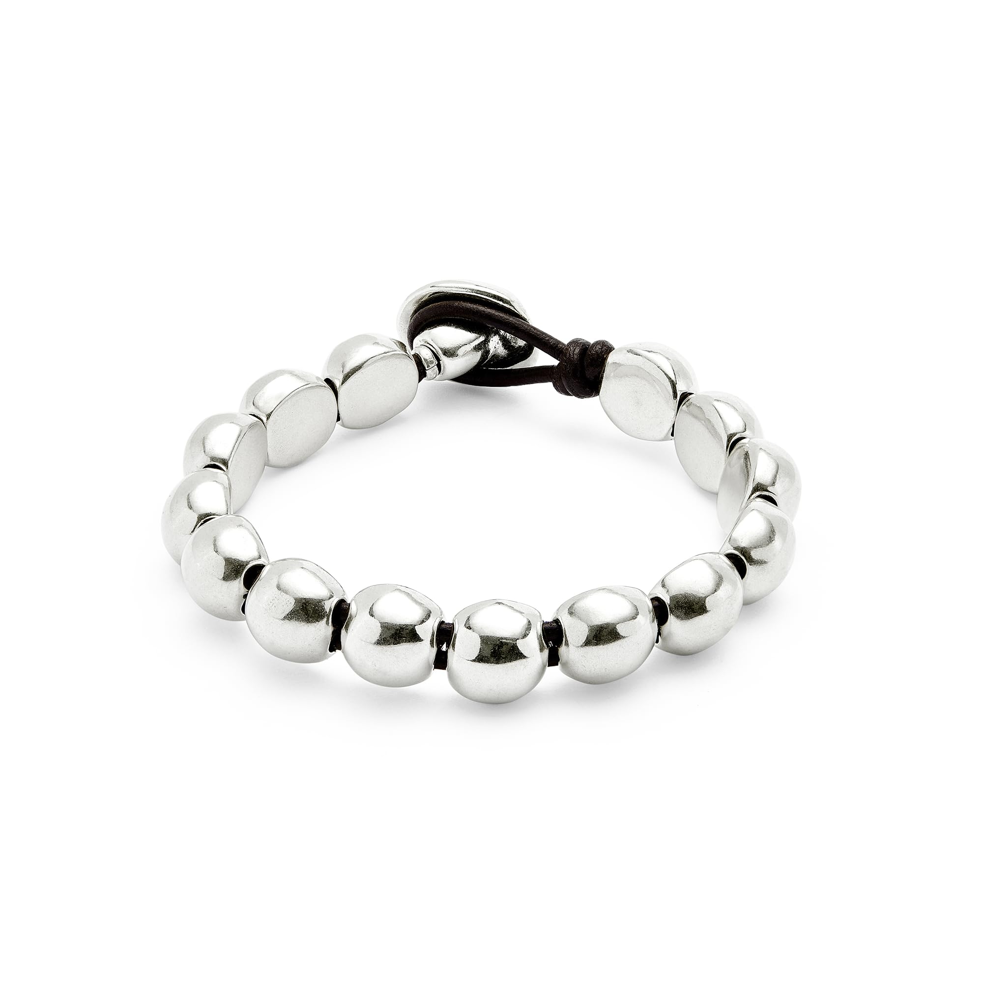 Uno de 50 Sterling Silver-Plated Beaded Bracelet, Round Bubbles Design, Black Leather Closure